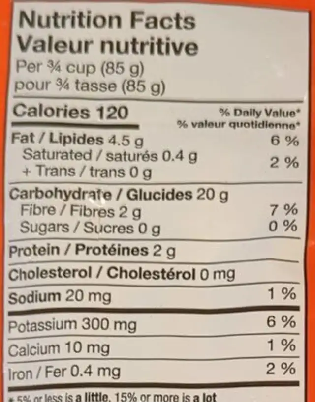 Diced Hash Browns nutrition facts table