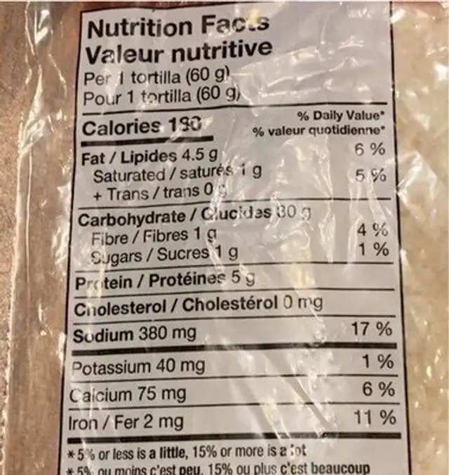 Original large tortillas nutrition facts table
