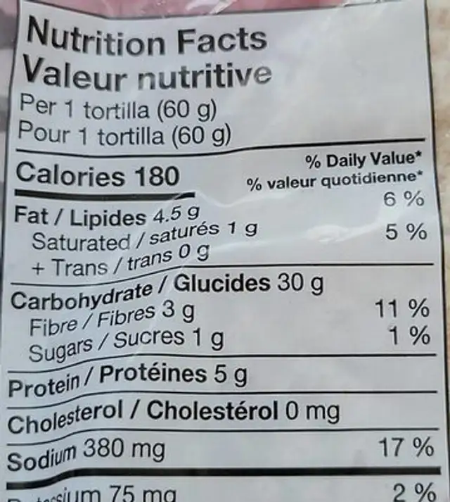60 whole wheat large tortillas nutrition facts table