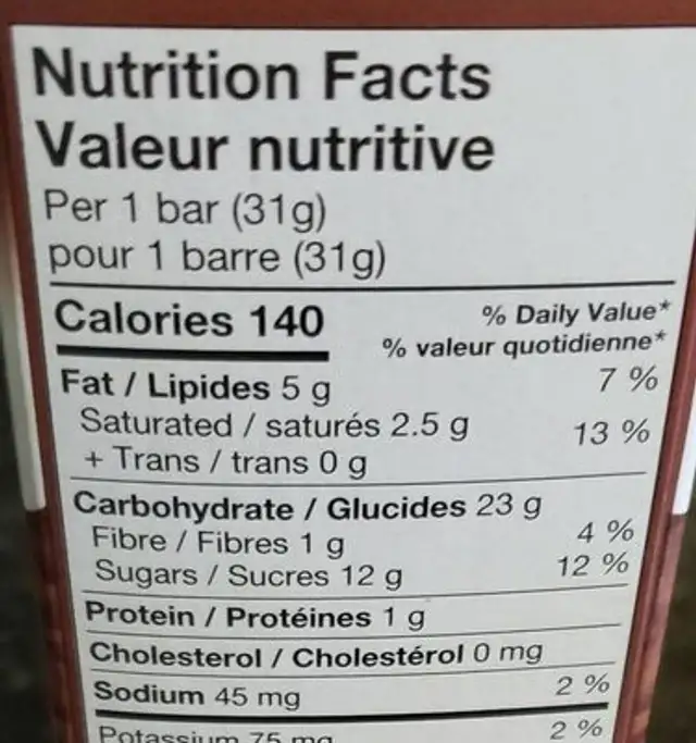Chocolate Chip Chewy Granola Bars nutrition facts table