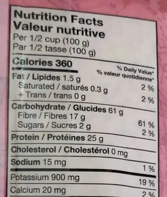 Red Split Lentils nutrition facts table