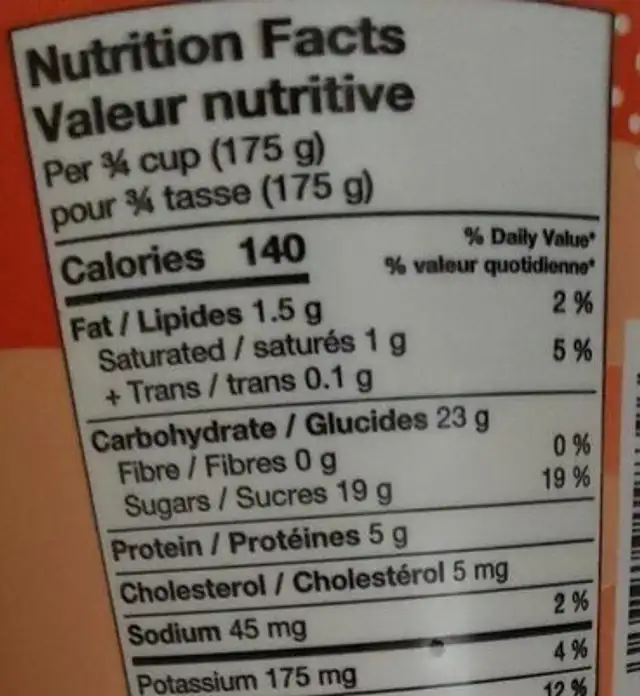 Stirred Yogurt Peach nutrition facts table
