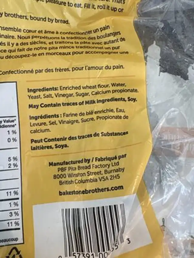 Puffed up and proud pita ingredients label