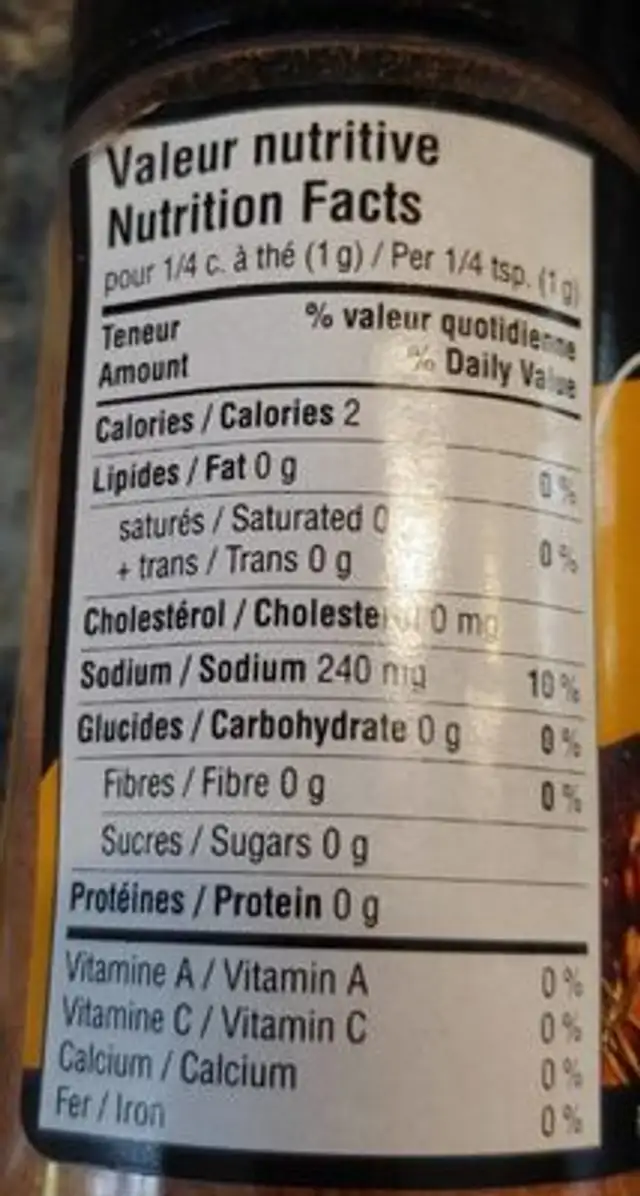 Assaisonnement pour Poulet BBQ nutrition facts table
