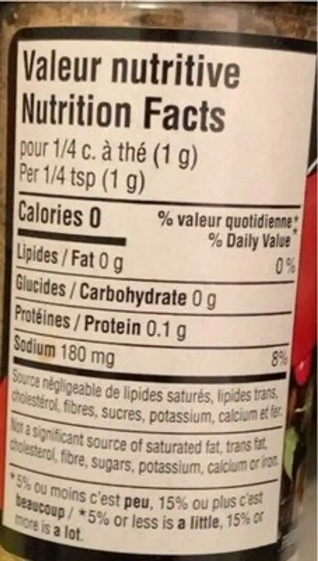 Épices à steak nutrition facts table