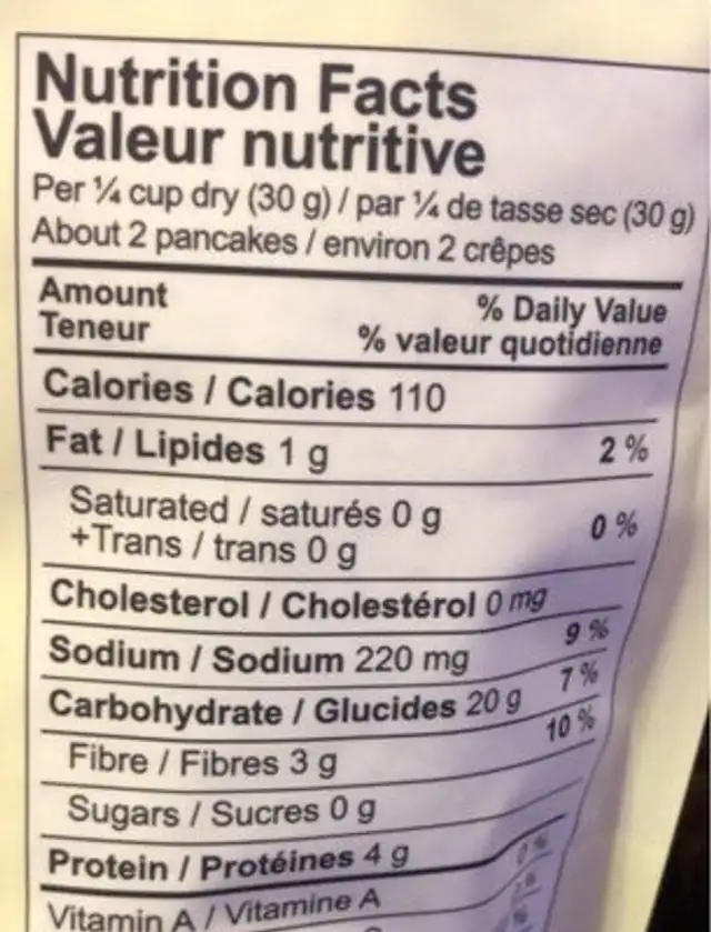 Whole wheat pancake and waffle mix nutrition facts table