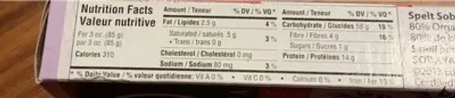 Pâte d’épeautre et de sarrasin nutrition facts table