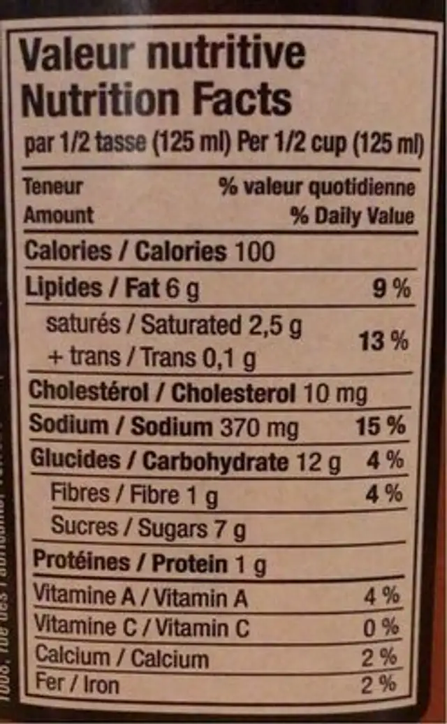 Sauce rosee a la betterave nutrition facts table