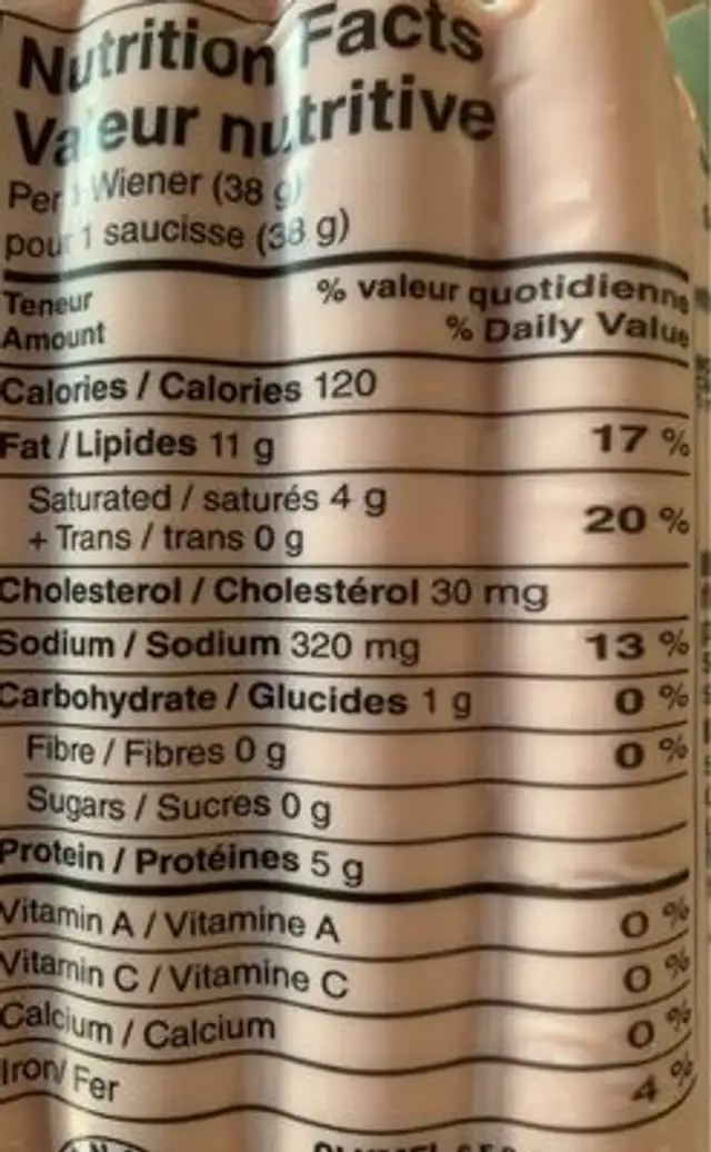 Original nutrition facts table