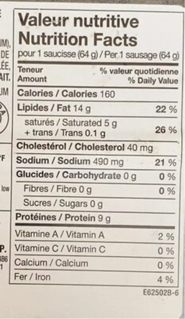 Saucisse italienne nutrition facts table