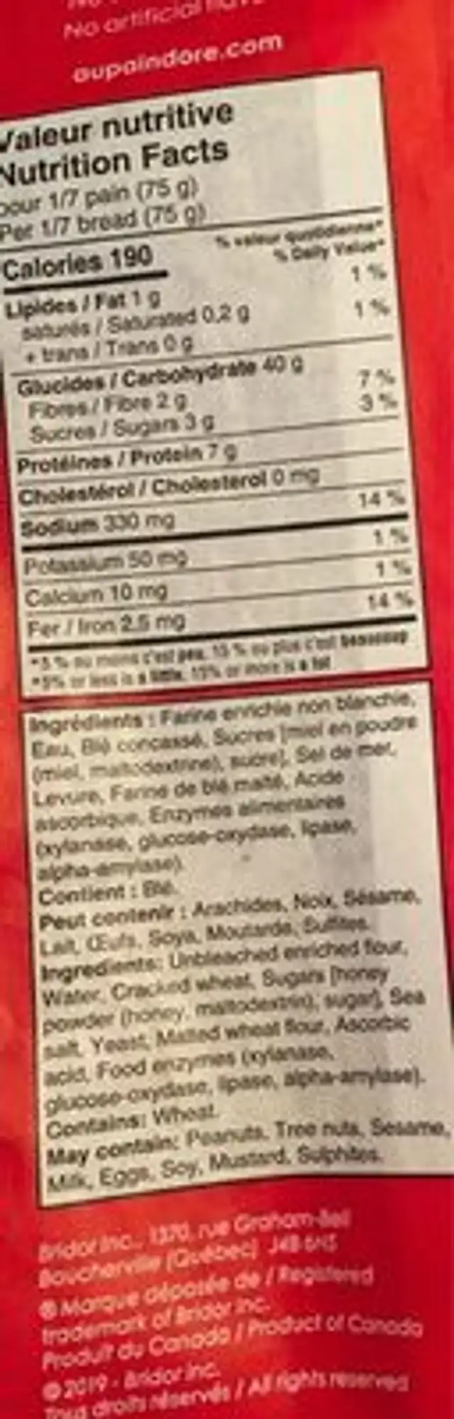 Pain Blé concassé et miel nutrition facts table