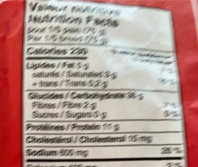 Pain au fromage nutrition facts table