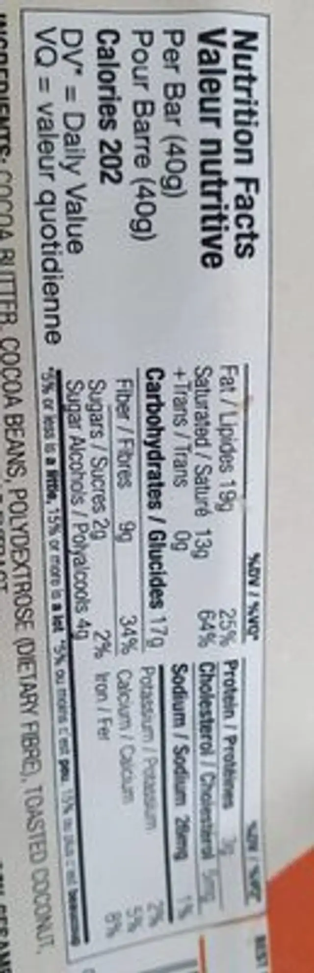 Chocolat ai lait Bija Keto nutrition facts table
