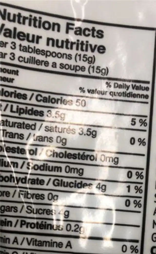 Garniture fouettée nutrition facts table