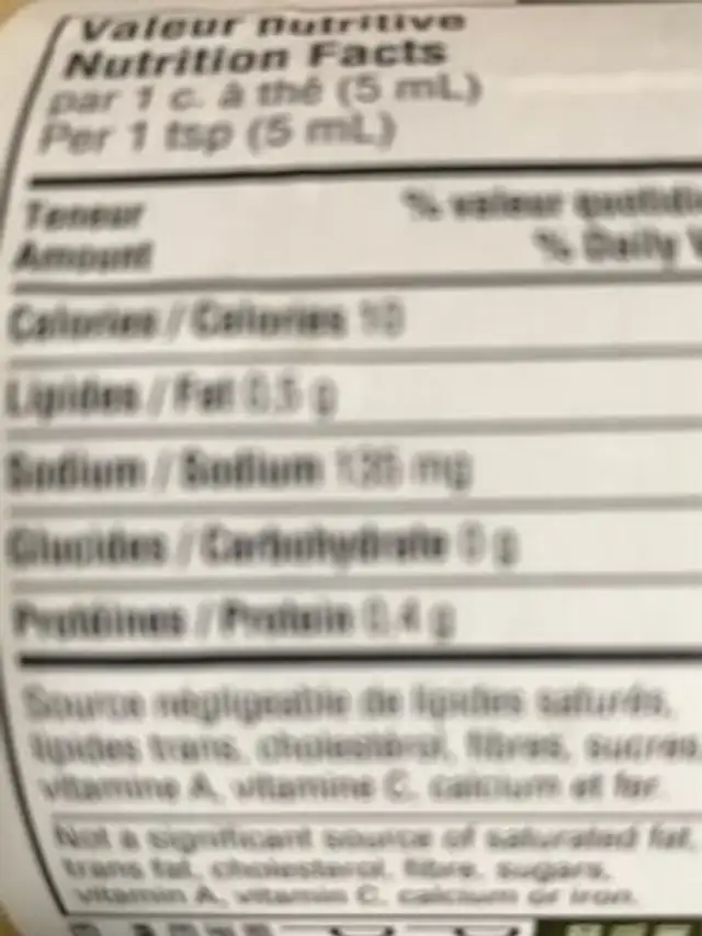Moutarde de Dijon nutrition facts table