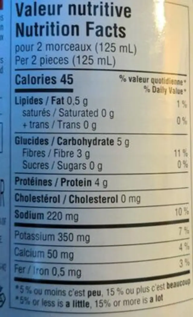Cœurs de palmier nutrition facts table