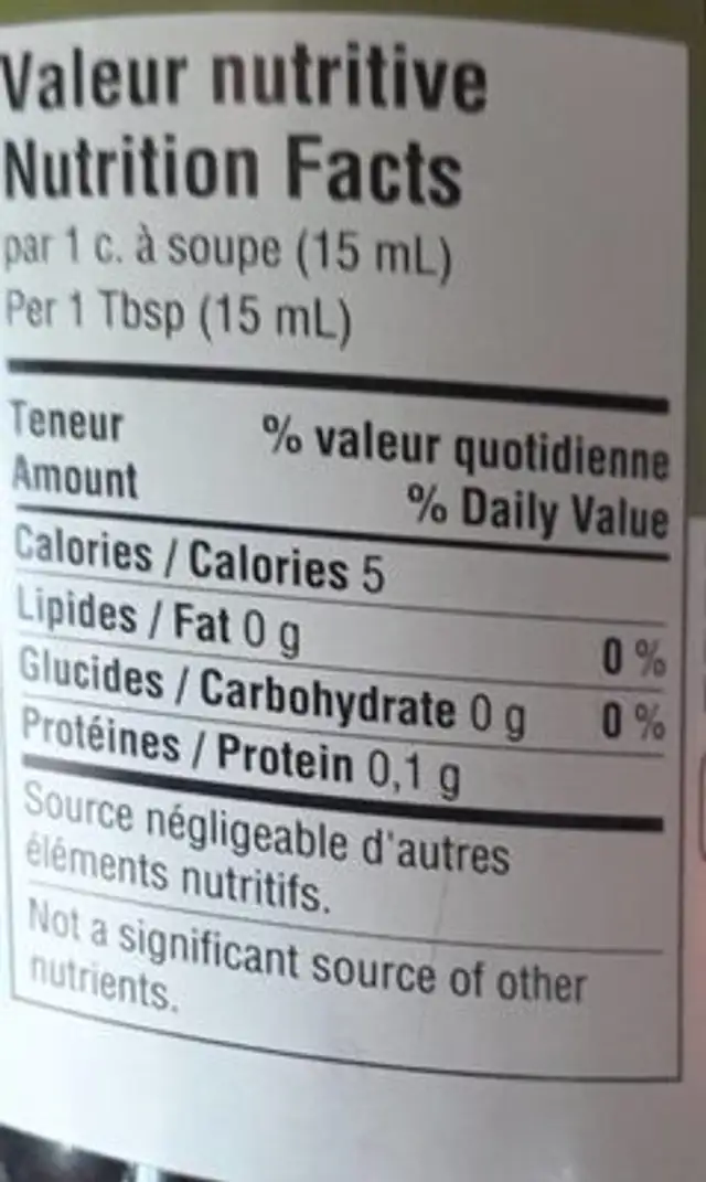 Vinaigre de vin rouge nutrition facts table