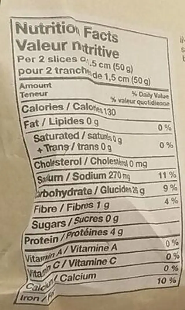 Rustic Country Bread nutrition facts table