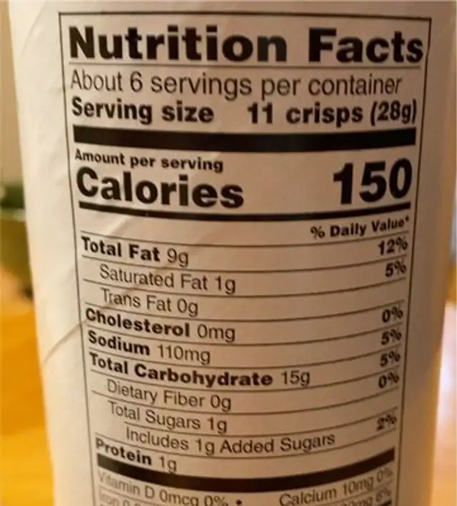 Potato chips nutrition facts table