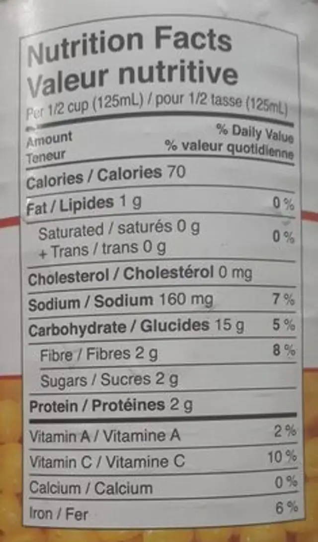 Maïs à grains entiers nutrition facts table