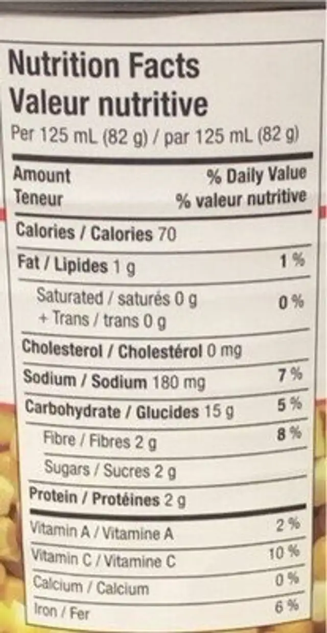 Maïs à grains entiers 2 couleurs nutrition facts table