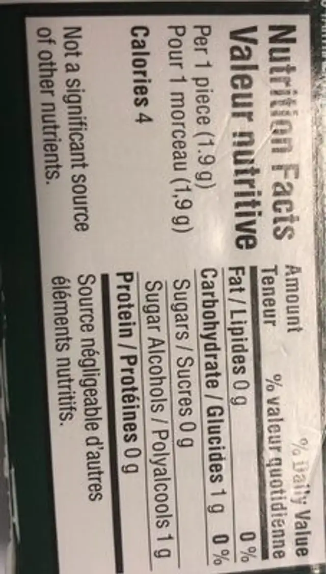 Stride nutrition facts table
