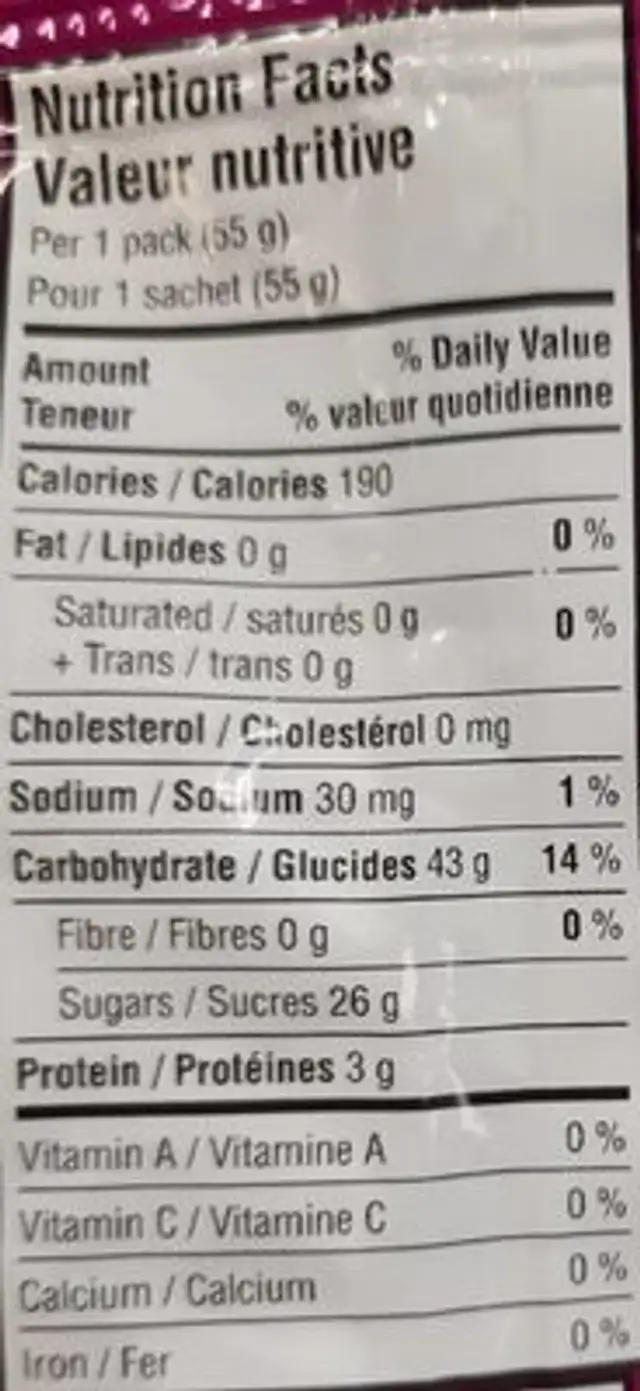 Juicy Squirts Berry nutrition facts table