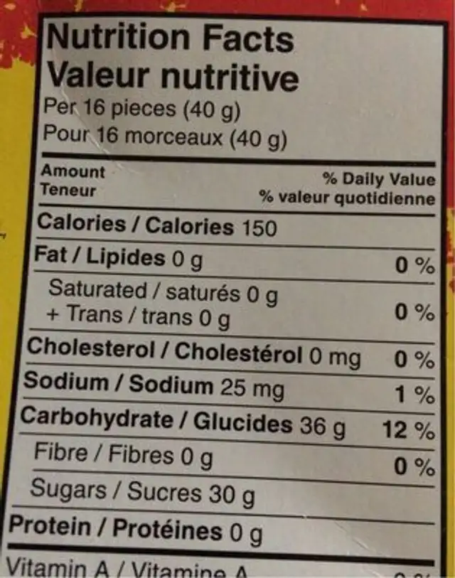 Pack of maynards sour patch kids made in canada nutrition facts table