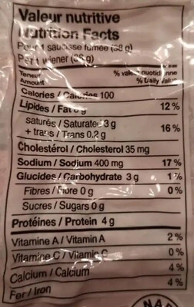 Saucisses Hot Dog Wieners nutrition facts table