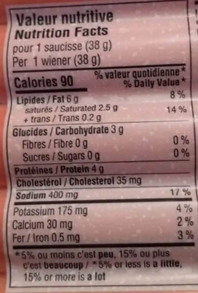 Saucisses hot dog wieners original nutrition facts table