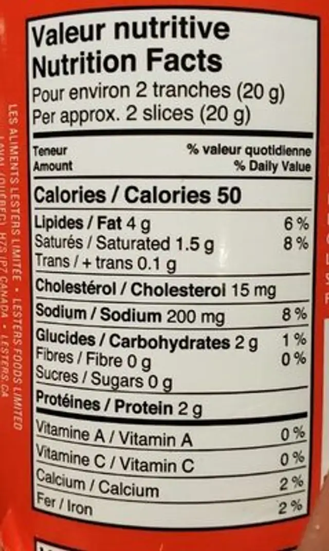 Boulogne a l'ail nutrition facts table