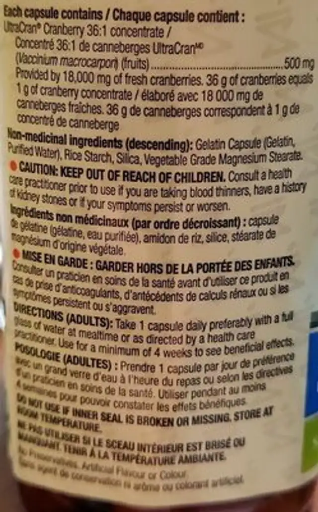 UltraCran life ingredients label