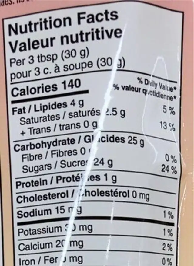 Garniture crème glacée Bonne Fête nutrition facts table