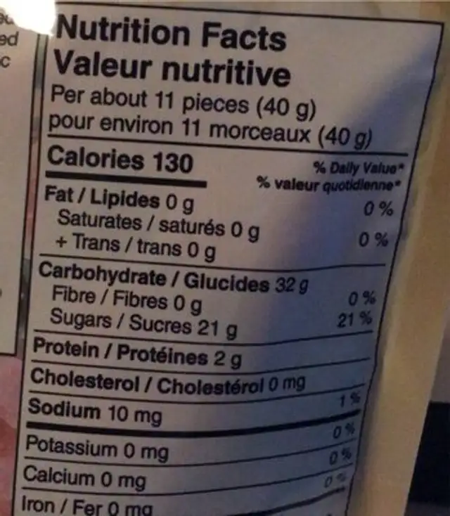Rondelles gommeuses sucrettes nutrition facts table