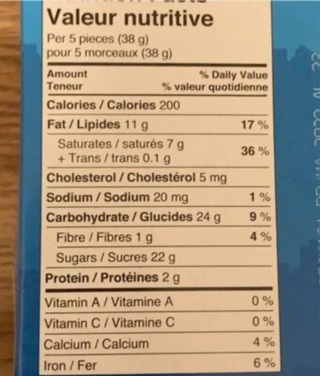 Orange chocolat au lait nutrition facts table