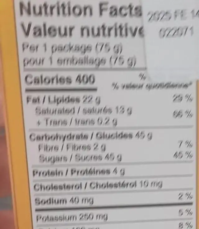 Chocolat nutrition facts table