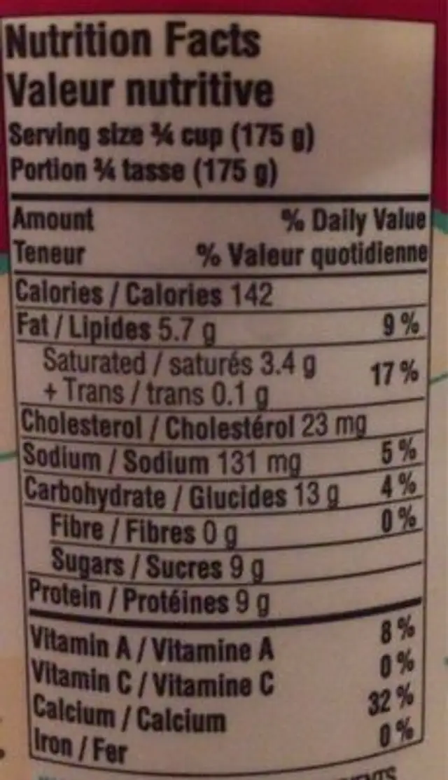 Yaourt nutrition facts table