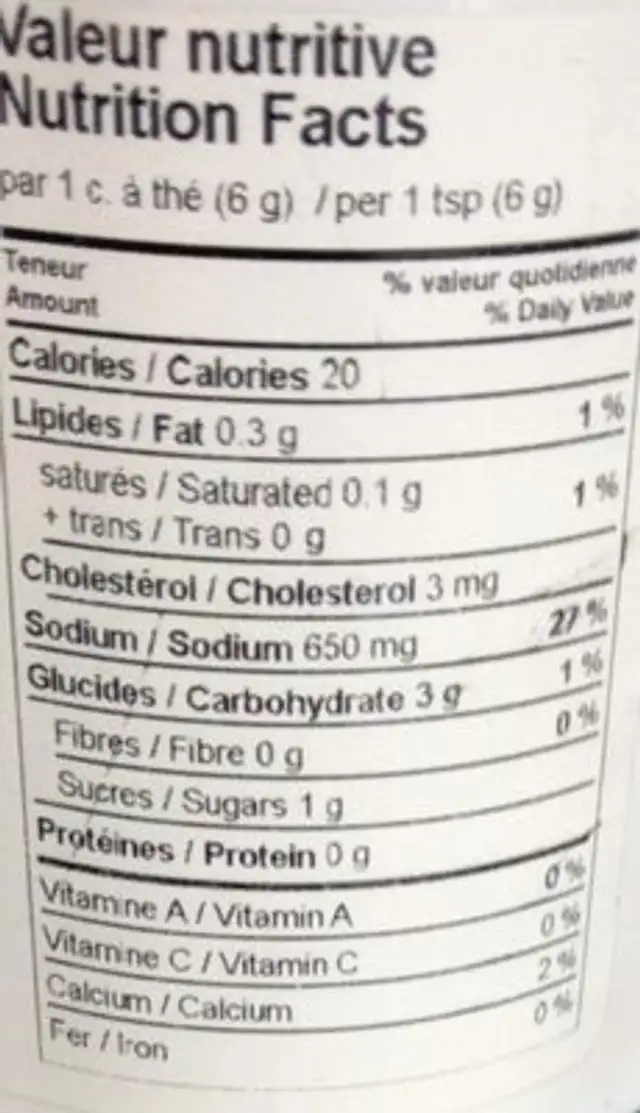 Mélange à bouillon poulet nutrition facts table