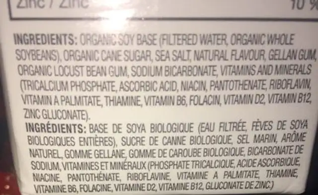 Boisson de soya enrichie ingredients label