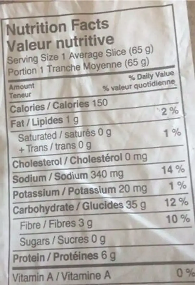 Pain DeSeigle nutrition facts table