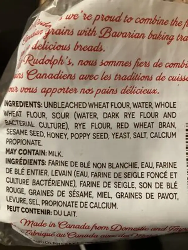 Bavarian poppy seed sourdough & bran bread ingredients label