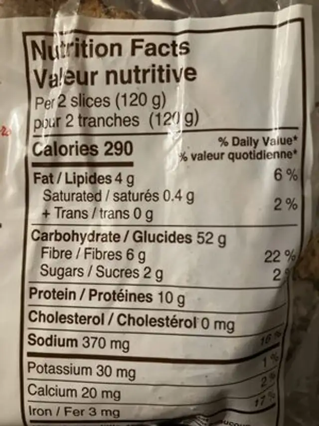 Bavarian poppy seed sourdough & bran bread nutrition facts table