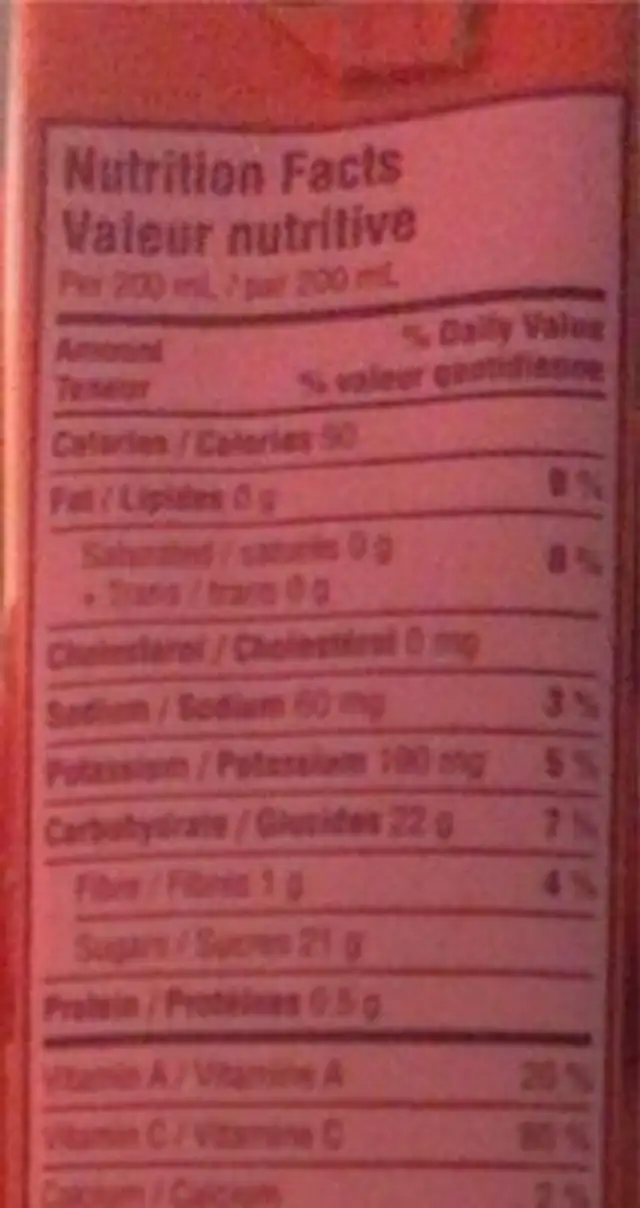 Fruite plus veggies raspberry orange nutrition facts table