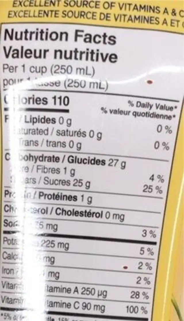 Mango Pineapple blend nutrition facts table