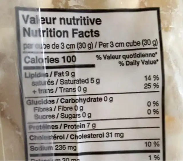 Fromage nutrition facts table