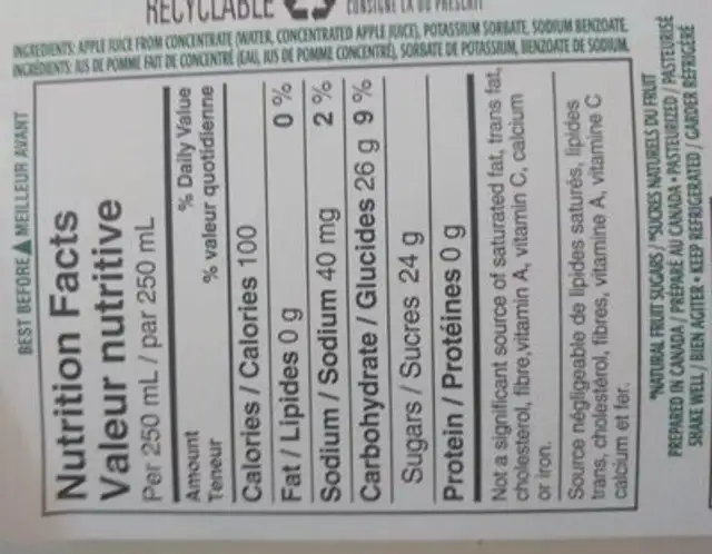 Fairlee Apple Juice nutrition facts table