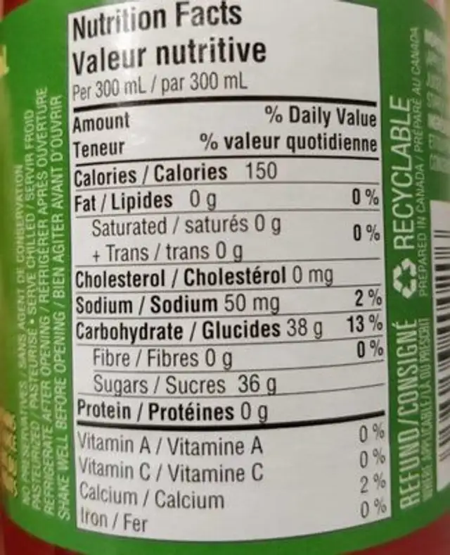 Punch aux fruits nutrition facts table