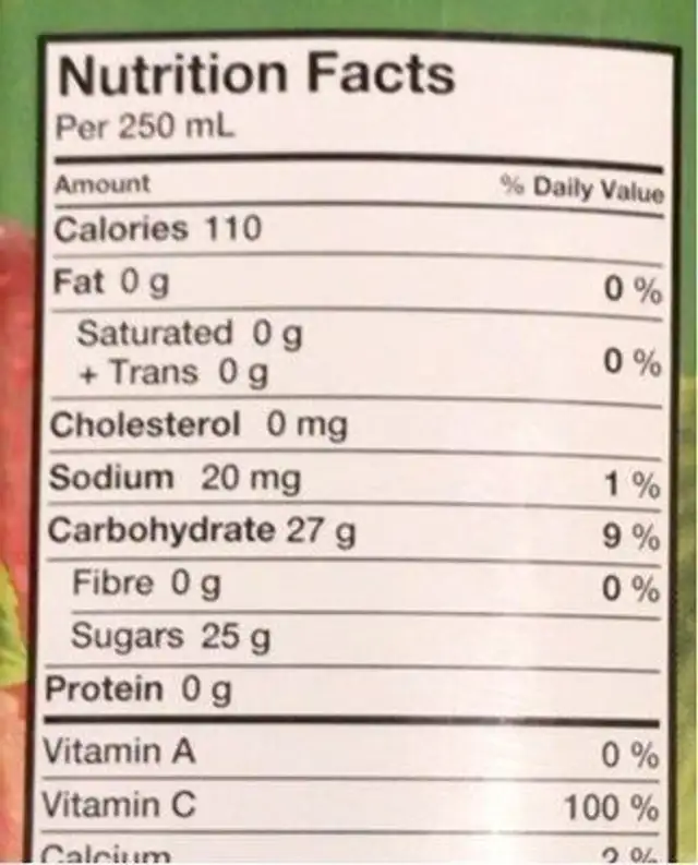 Fairlee Apple Juice nutrition facts table