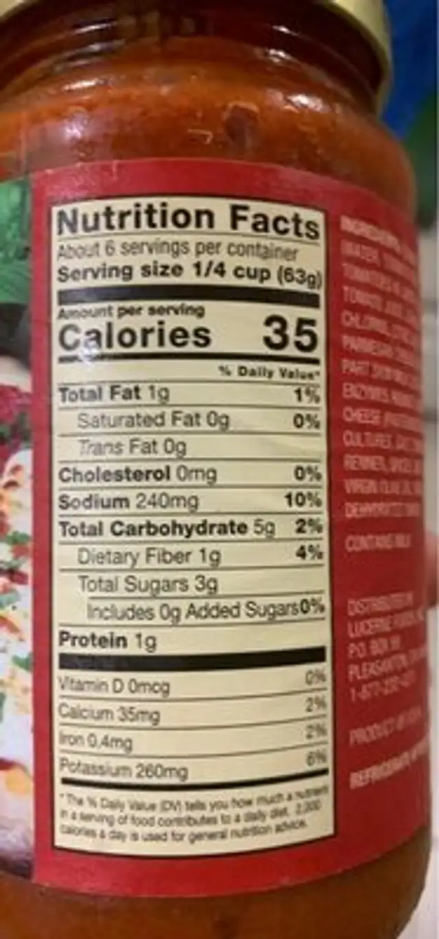 Pizza sauce nutrition facts table
