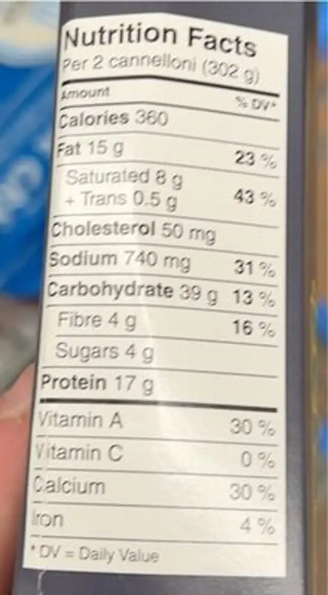 6 Cannelloni with ricotta cheese, mozzarella & sauce nutrition facts table